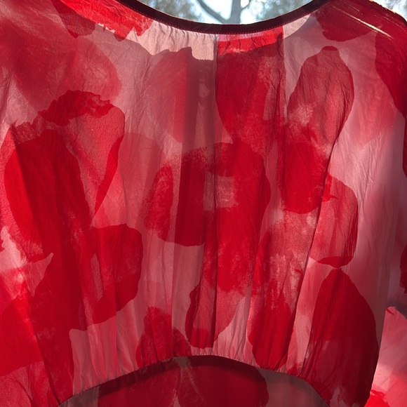 Gorman Australia red pink silk blend painted floral sheer midi dress - Picture 6 of 11